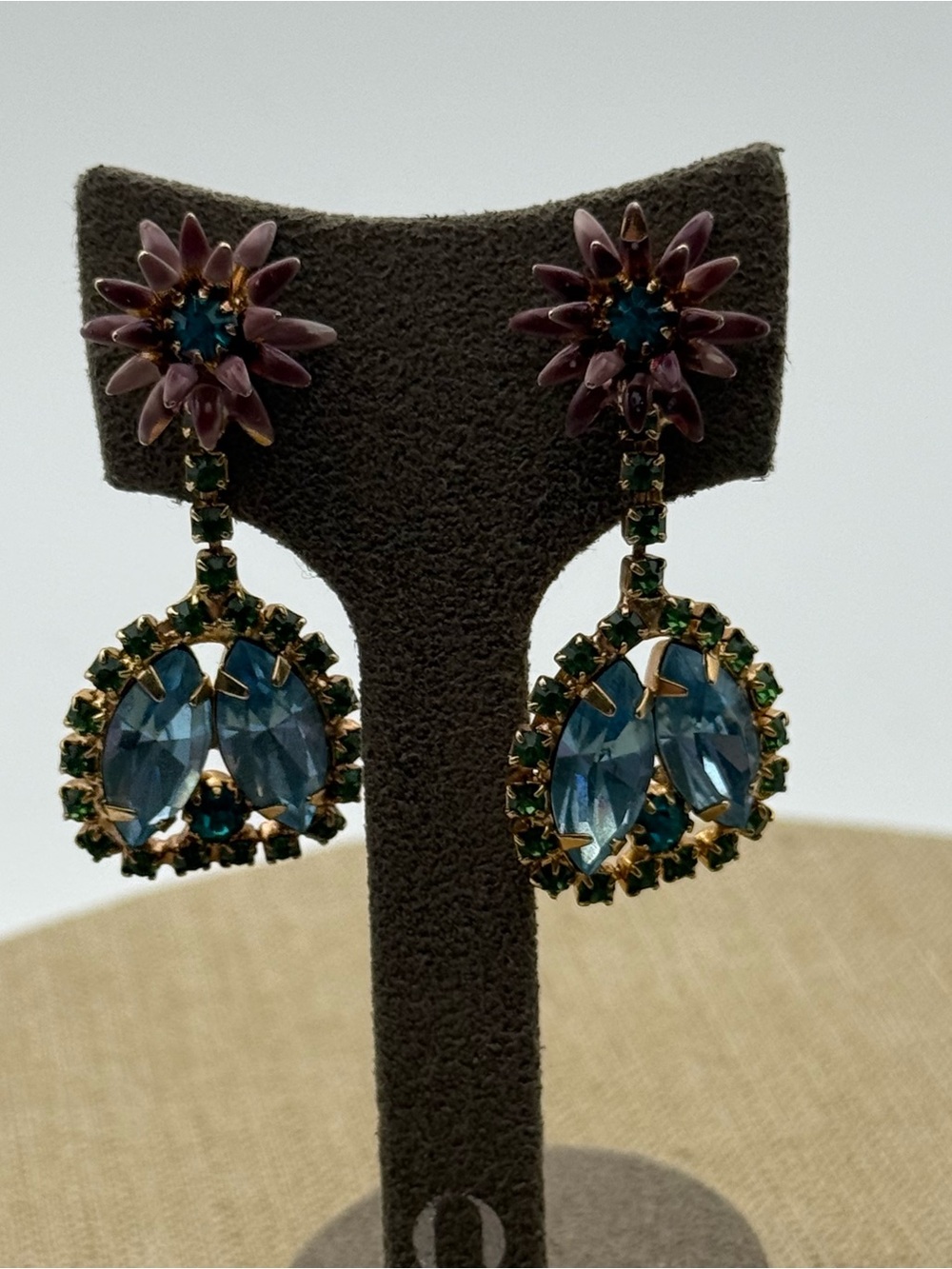 Designer-Inspired Blue & Green prong set Crystal Drop clip on Earrings